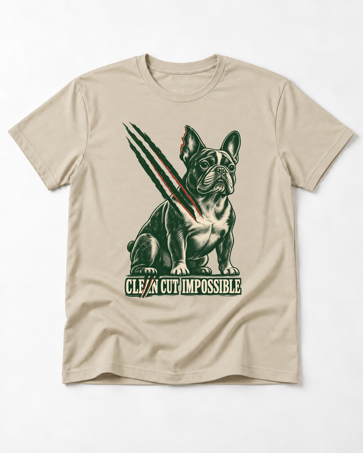 Frenchie Clean Cut Impossible T-Shirt in Sand, flat lay product photo
