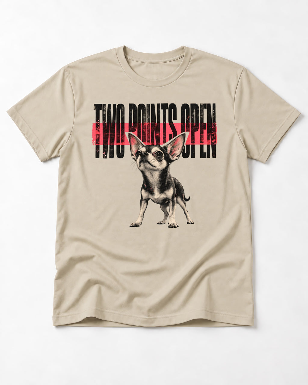 Two Points Open Chihuahua T-Shirt in Sand, flat lay product photo