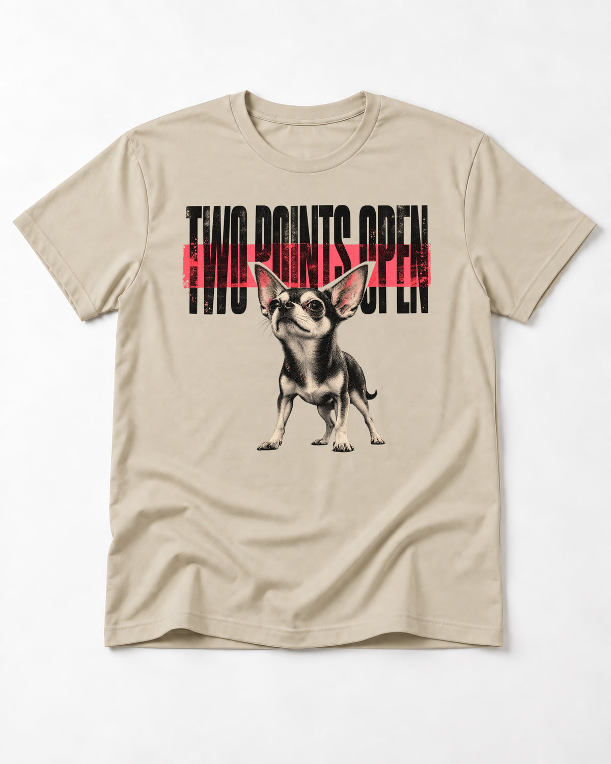 Two Points Open Chihuahua T-Shirt in Sand, flat lay product photo