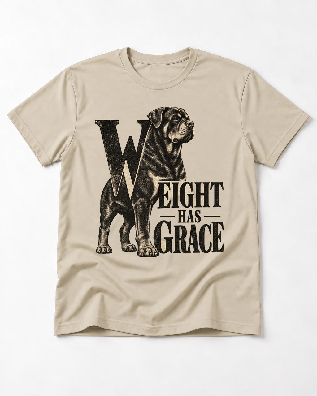 Rottweiler Weight Has Grace T-Shirt in Sand, flat lay product photo