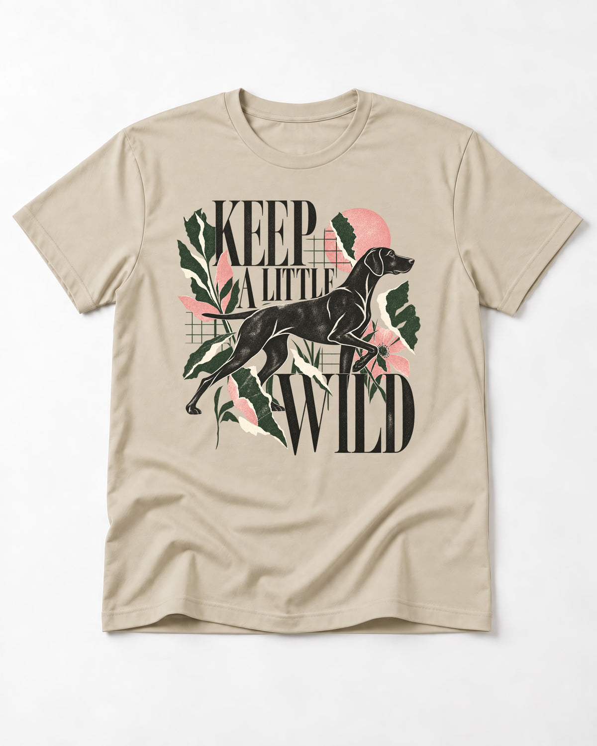 Keep a Little Wild German Shorthaired Pointer T-Shirt in Sand, flat lay product photo