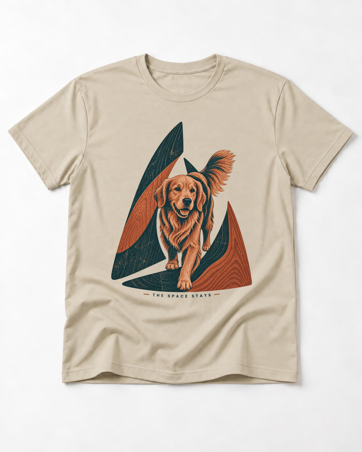 The Golden Retriever Space Stays T-Shirt in Sand, flat lay product photo