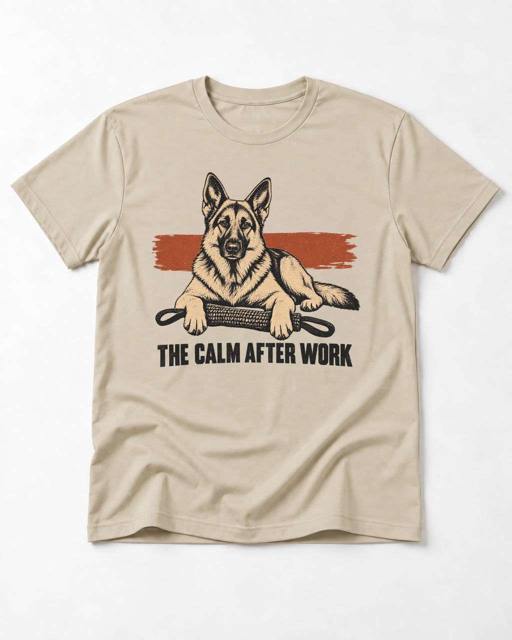 German Shepherd Dog The Calm After Work T-Shirt in Sand, flat lay product photo