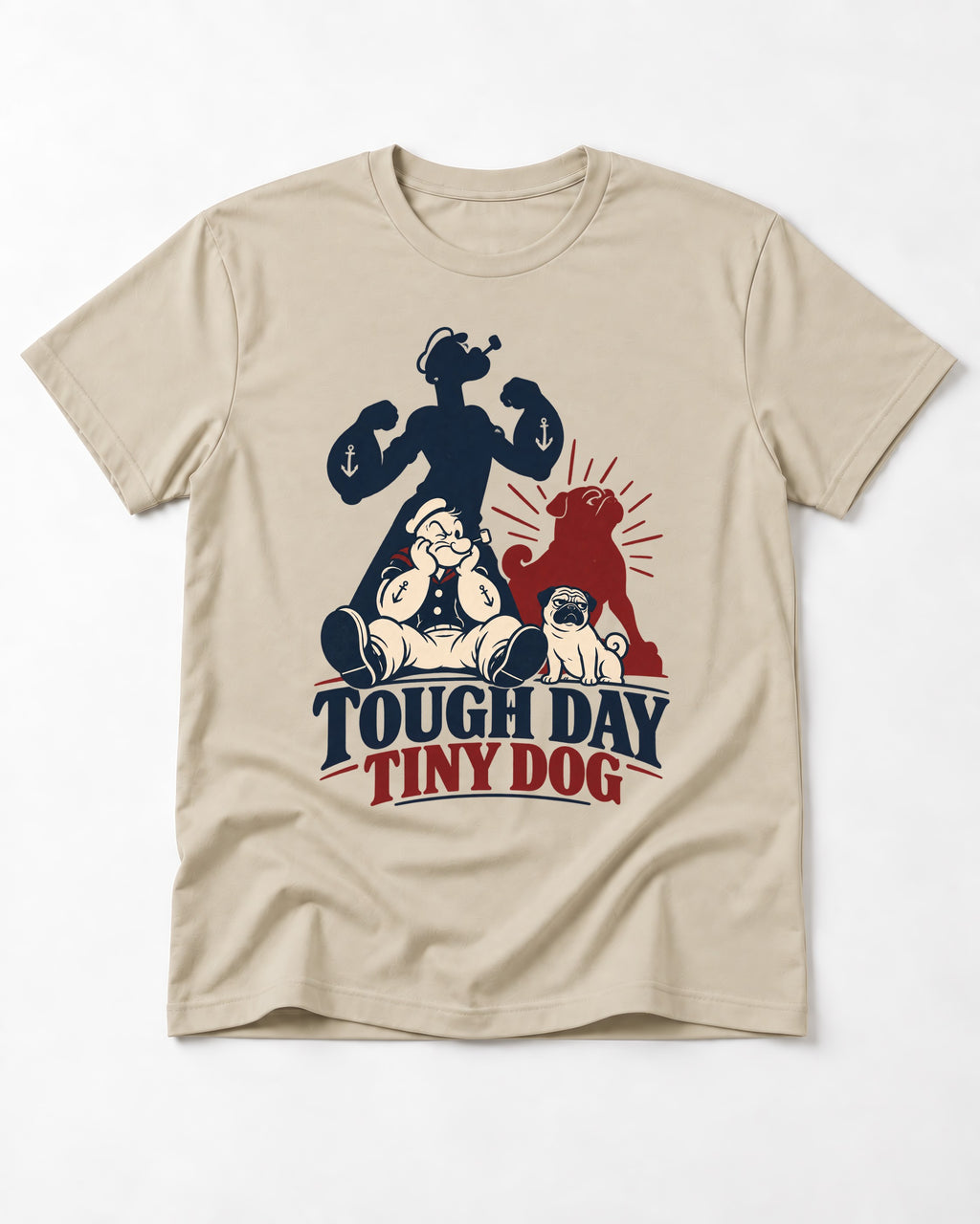 Tough Day Tiny Pug T-Shirt in Sand, flat lay product photo