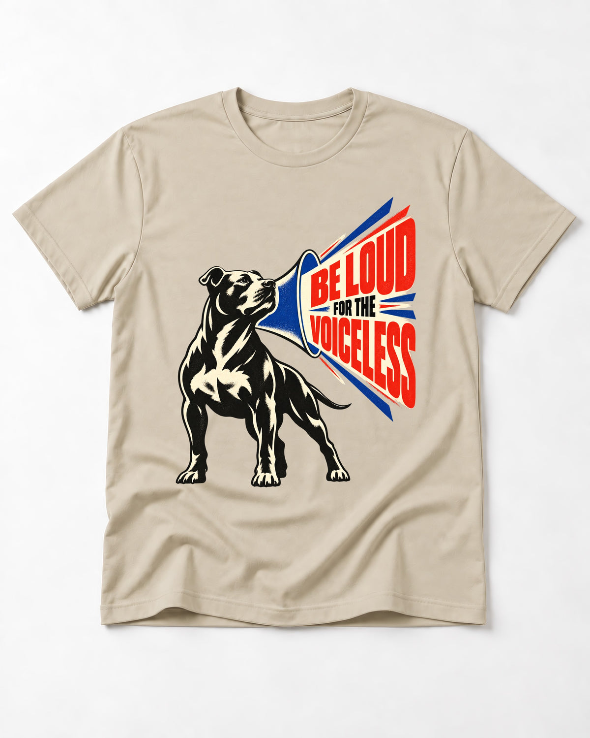 Pitbull For the Voiceless T-Shirt in Sand, flat lay product photo