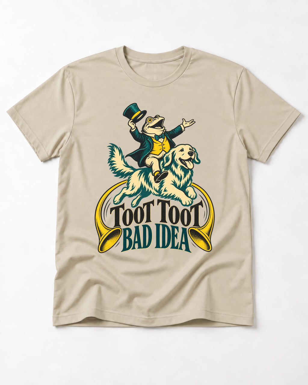 Golden Retriever Toot Toot Bad Idea T-Shirt in Sand, flat lay product photo