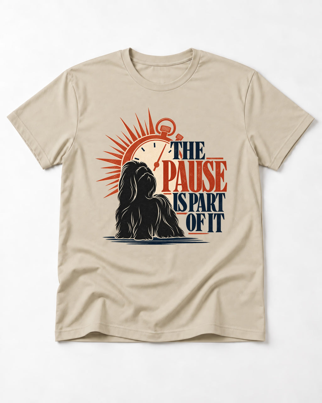 The Shih Tzu Pause T-Shirt in Sand, flat lay product photo