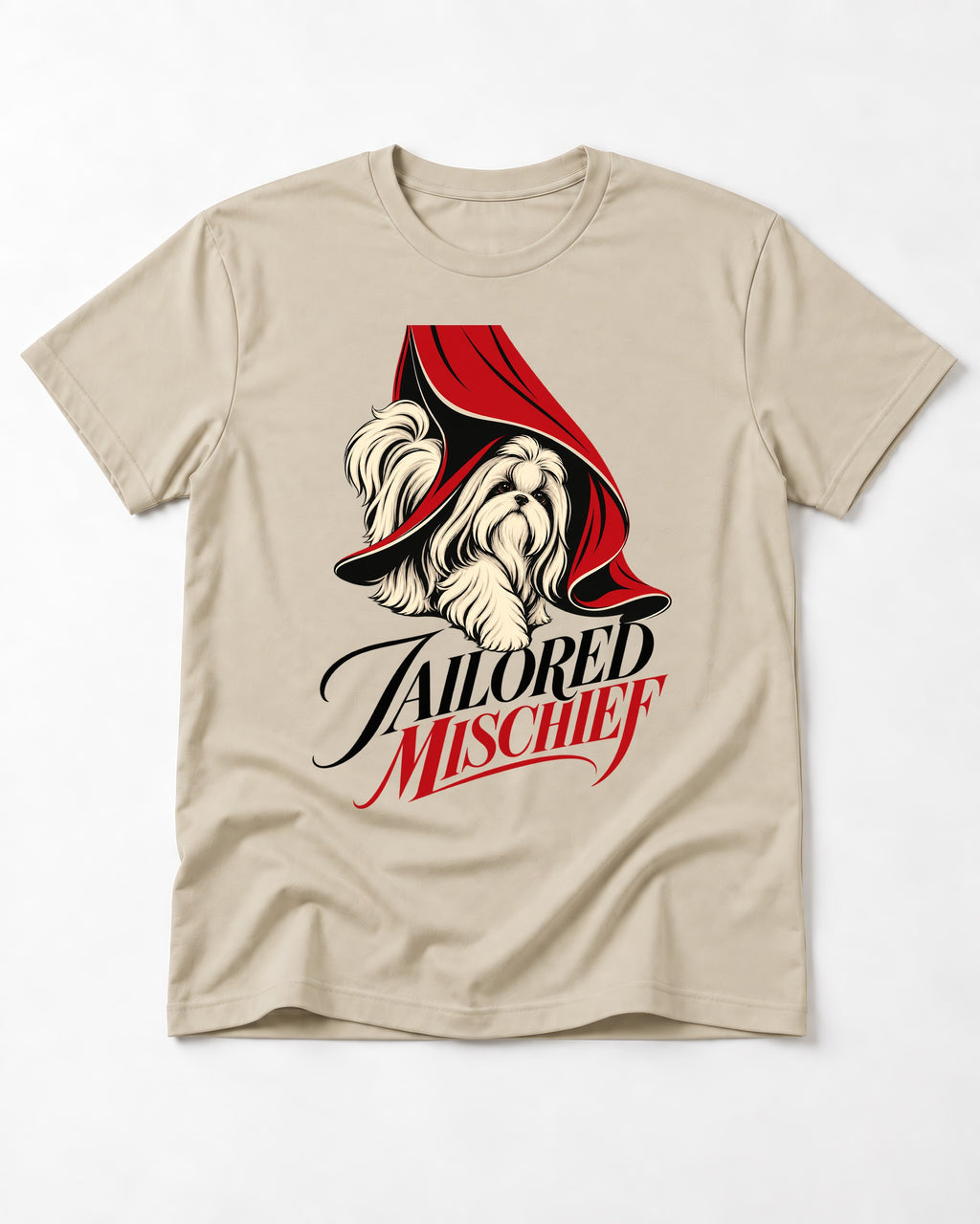 Tailored Mischief Shih Tzu T-Shirt in Sand, flat lay product photo