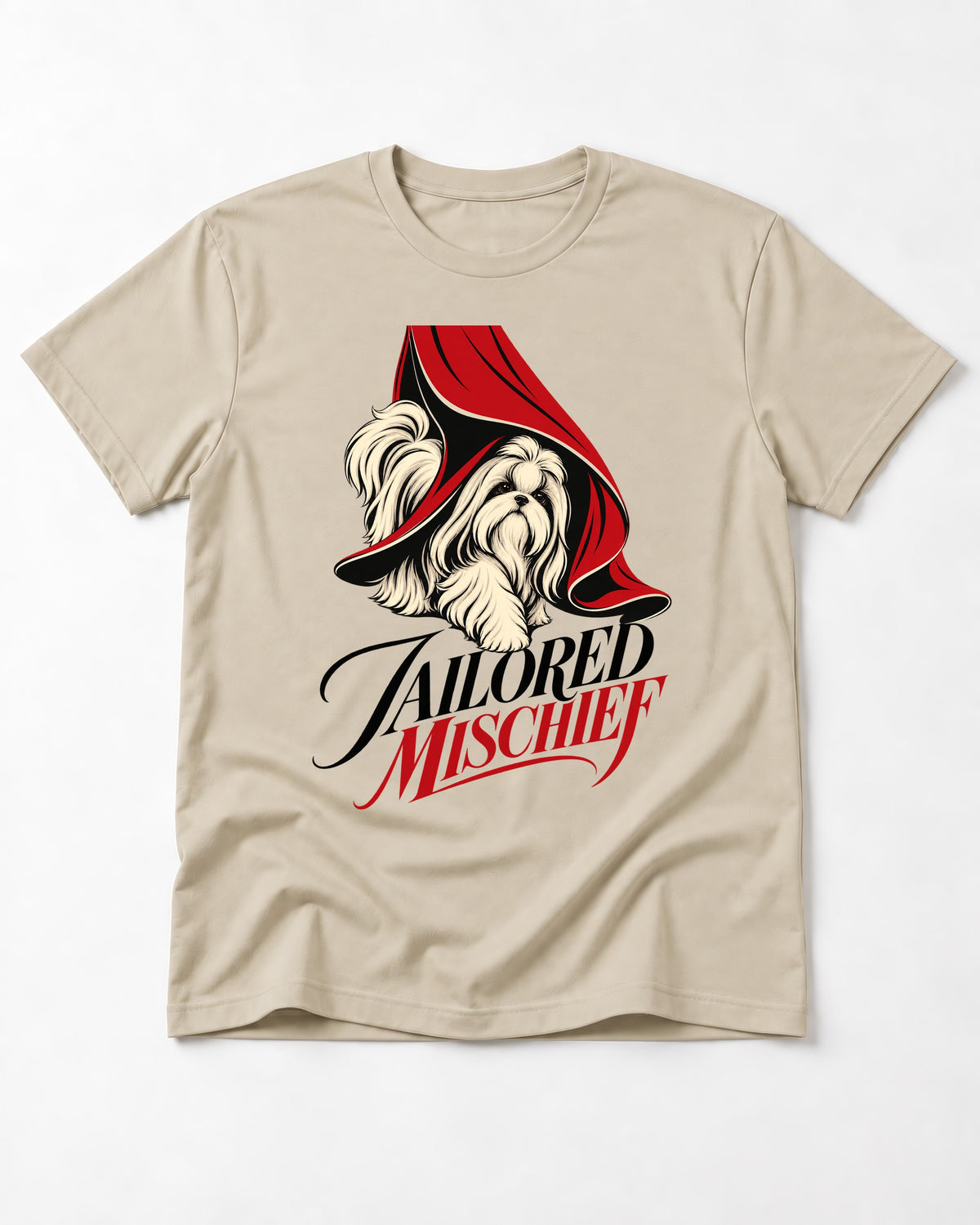 Tailored Mischief Shih Tzu T-Shirt in Sand, flat lay product photo