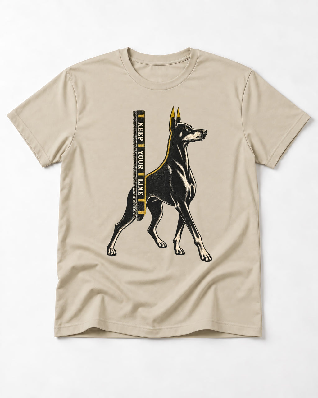 Keep Your Line Doberman T-Shirt in Sand, flat lay product photo