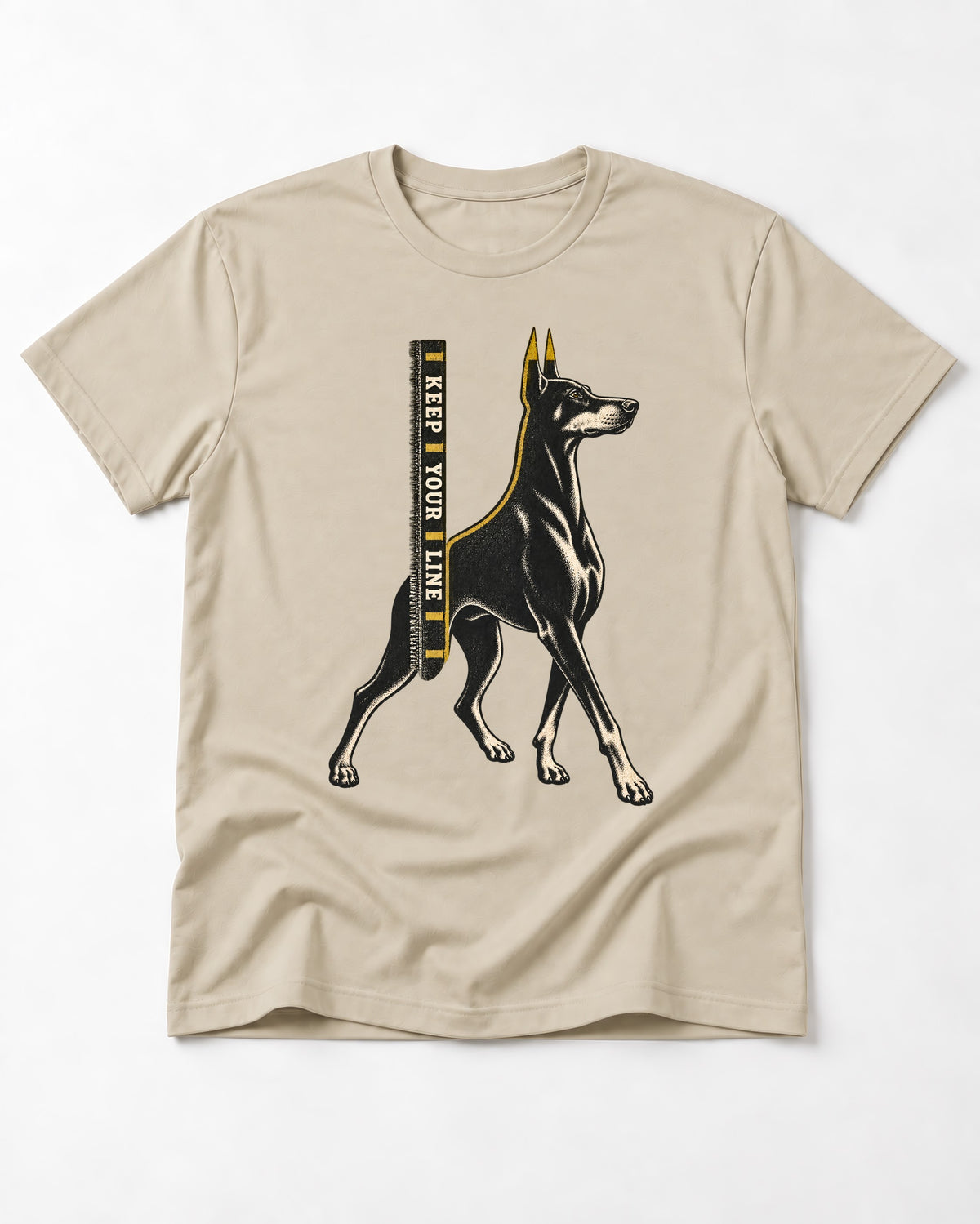 Keep Your Line Doberman T-Shirt in Sand, flat lay product photo