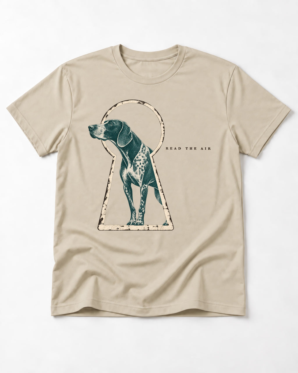 Read the Air German Shorthaired Pointer T-Shirt in Sand, flat lay product photo