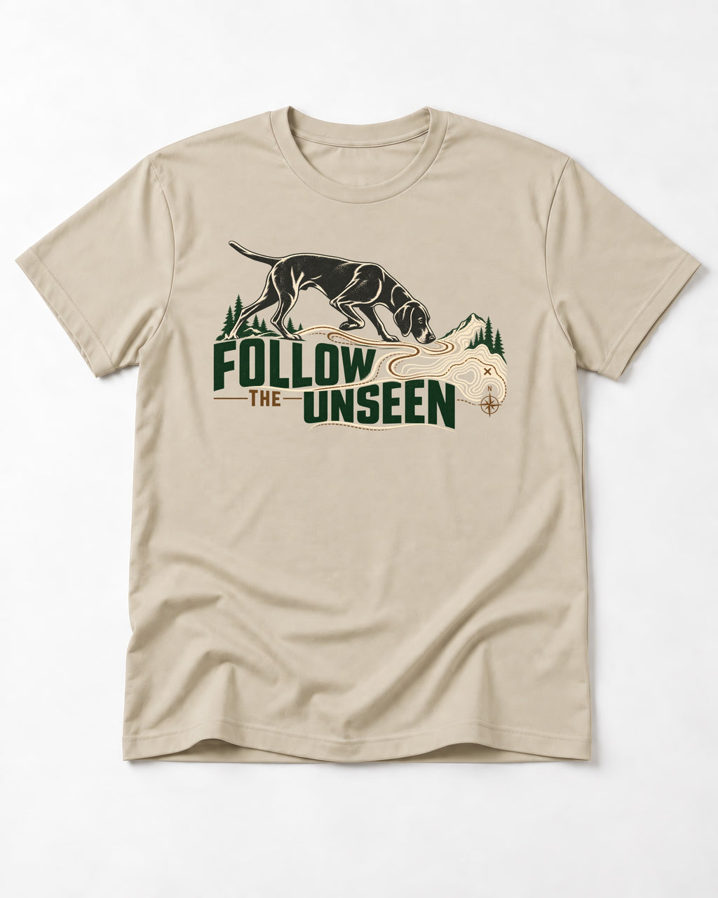 Follow the Unseen German Shorthaired Pointer T-Shirt in Sand, flat lay product photo