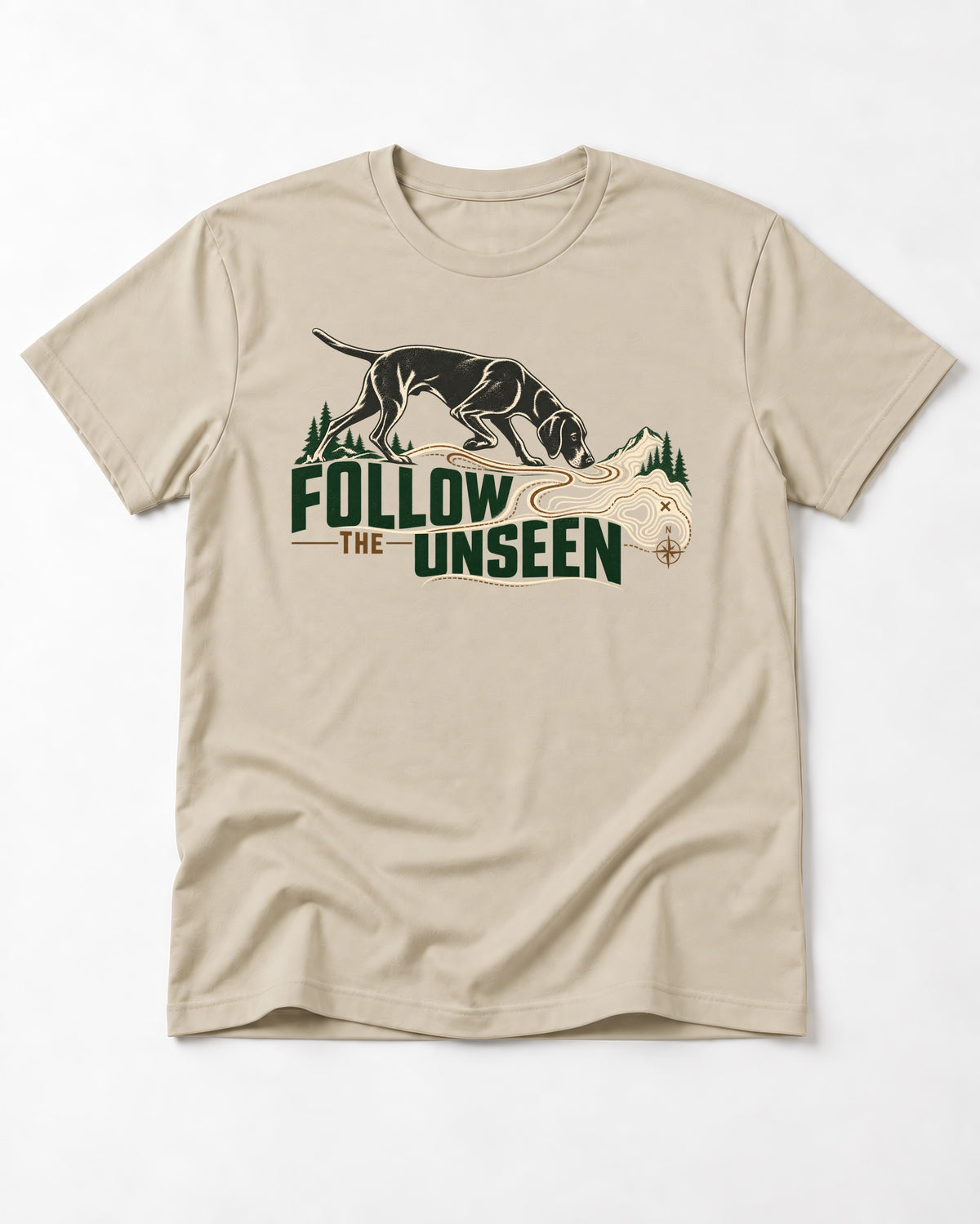 Follow the Unseen German Shorthaired Pointer T-Shirt in Sand, flat lay product photo