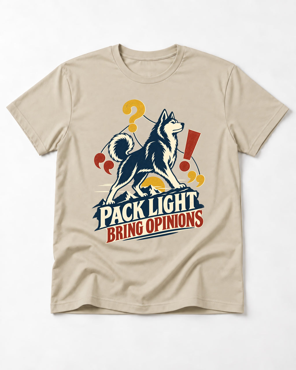 Husky Pack Light Bring Opinions T-Shirt in Sand, flat lay product photo