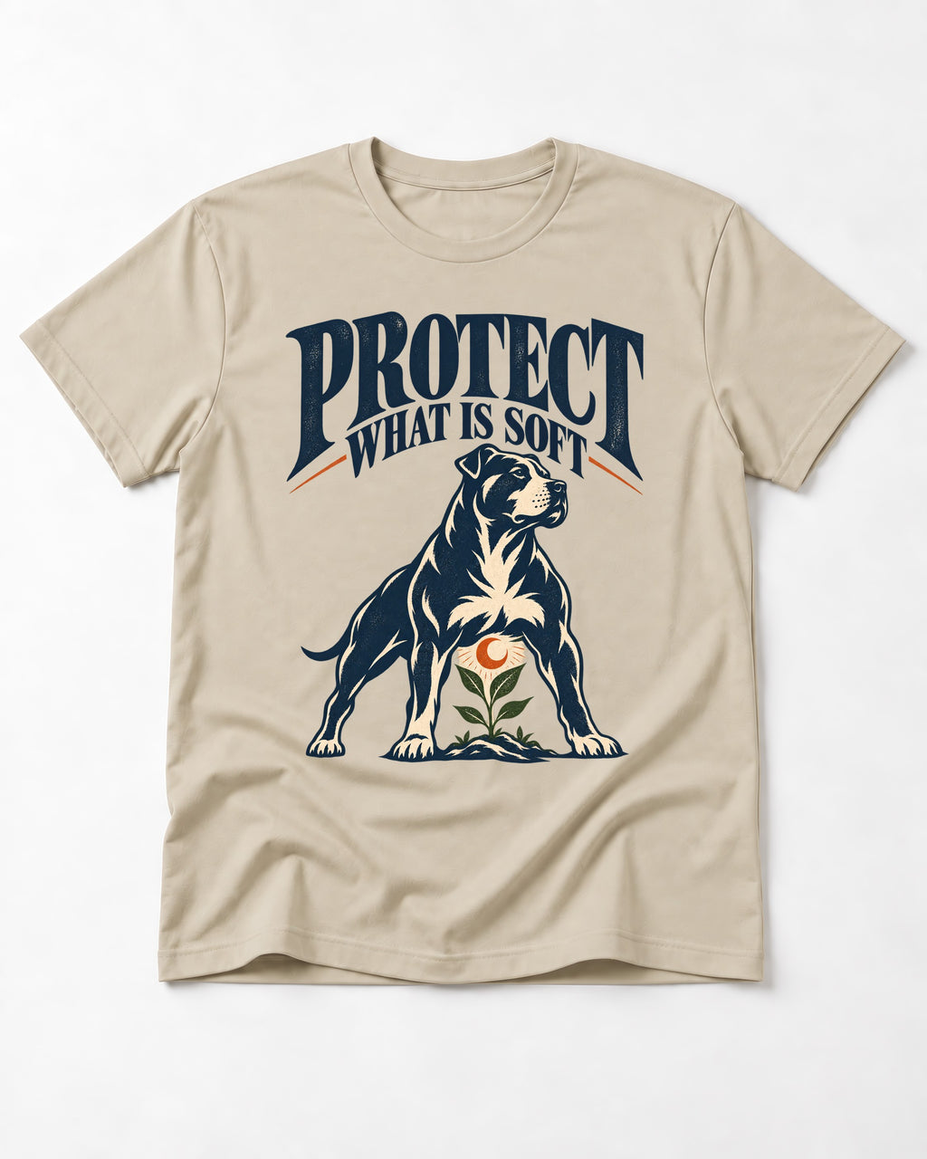 Protect What Is Soft Pitbull T-Shirt in Sand, flat lay product photo