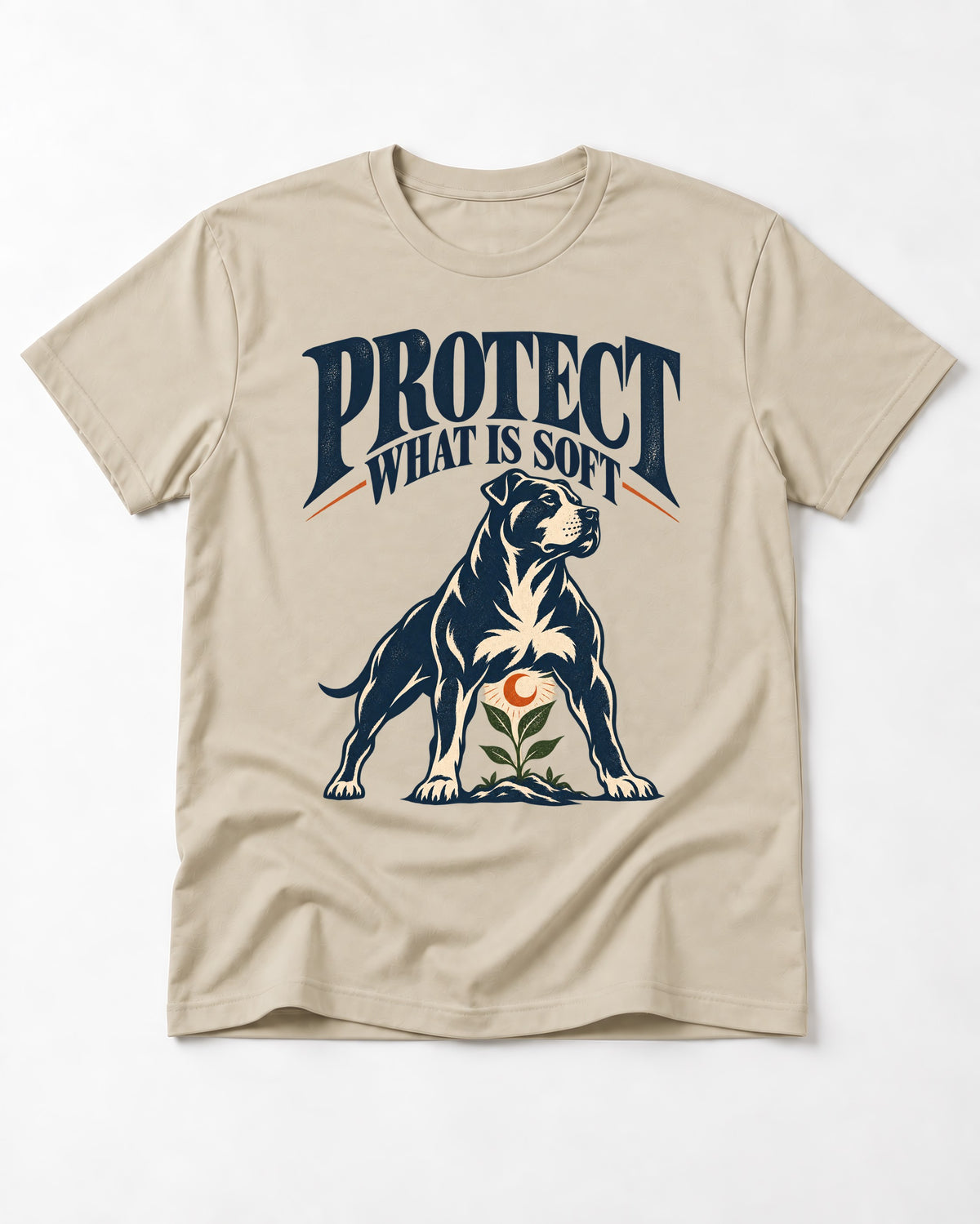 Protect What Is Soft Pitbull T-Shirt in Sand, flat lay product photo