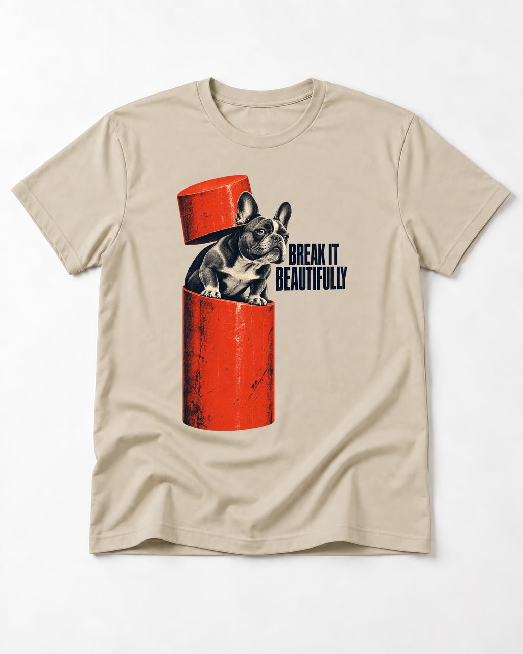 Frenchie Break It Beautifully T-Shirt in Sand, flat lay product photo
