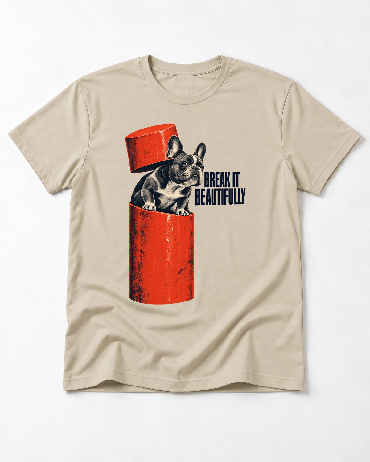 Frenchie Break It Beautifully T-Shirt in Sand, flat lay product photo
