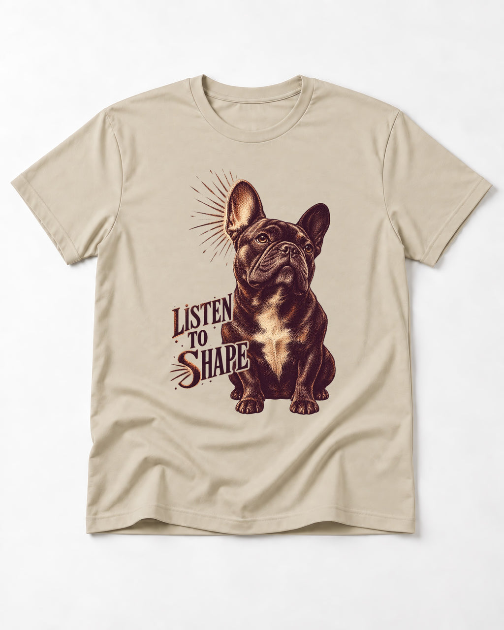 Listen to Shape Frenchie T-Shirt in Sand, flat lay product photo