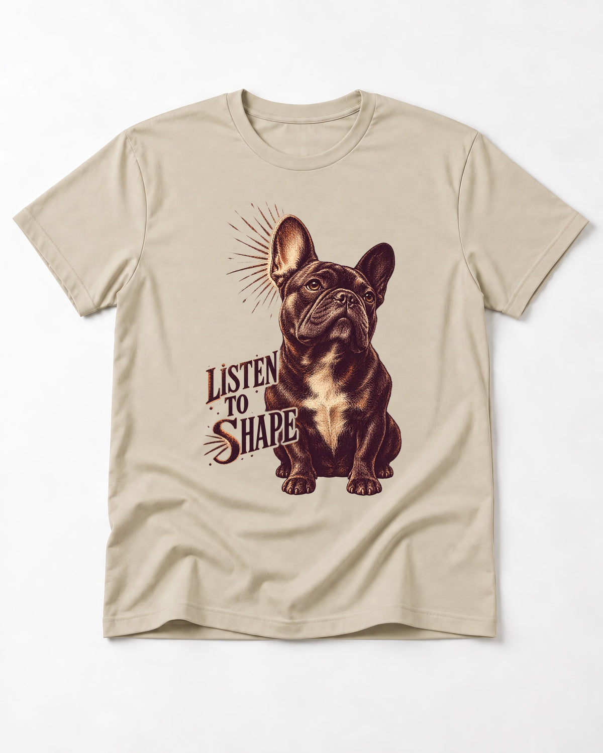 Listen to Shape Frenchie T-Shirt in Sand, flat lay product photo