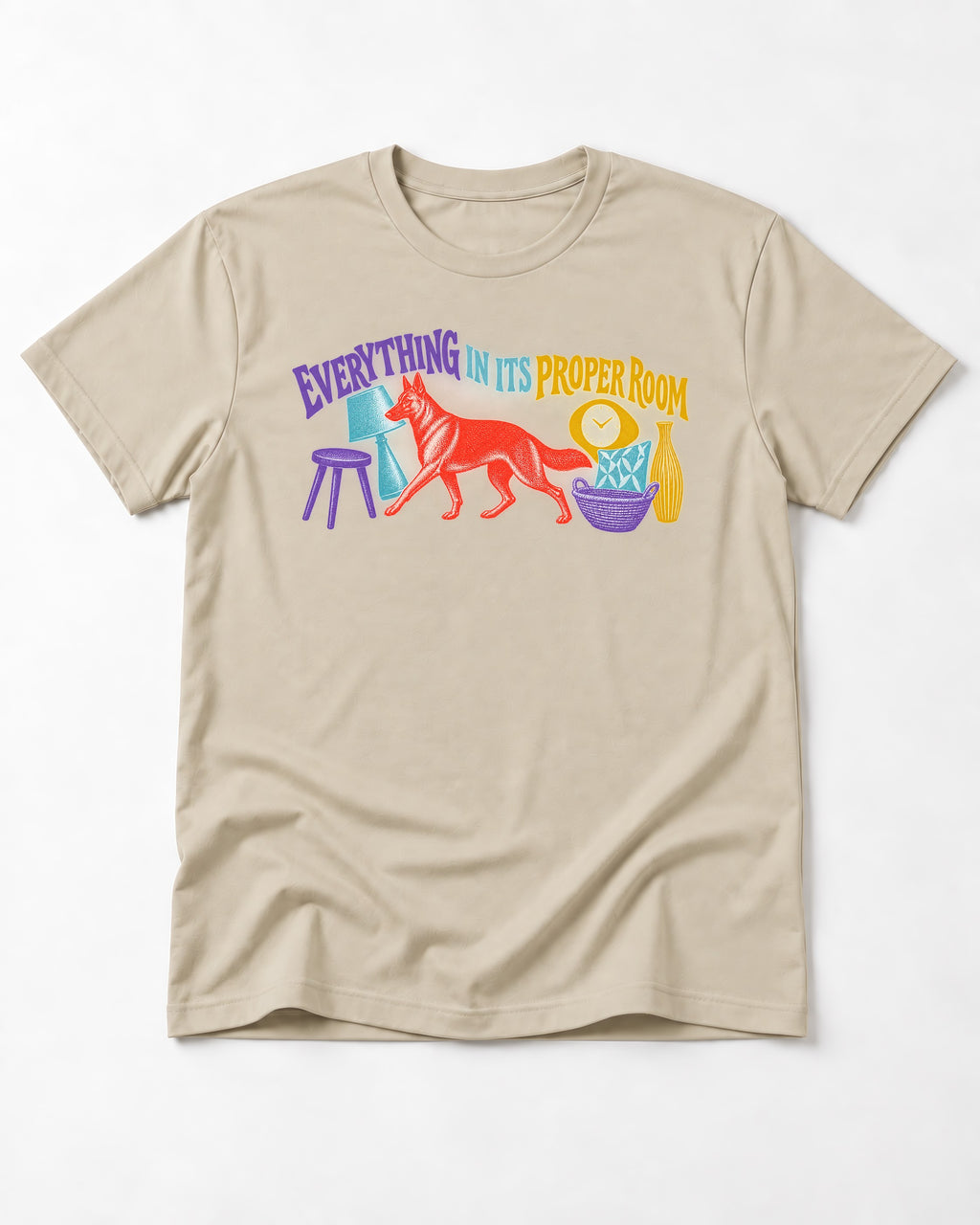 German Shepherd Dog In Its Proper Room T-Shirt in Sand, flat lay product photo