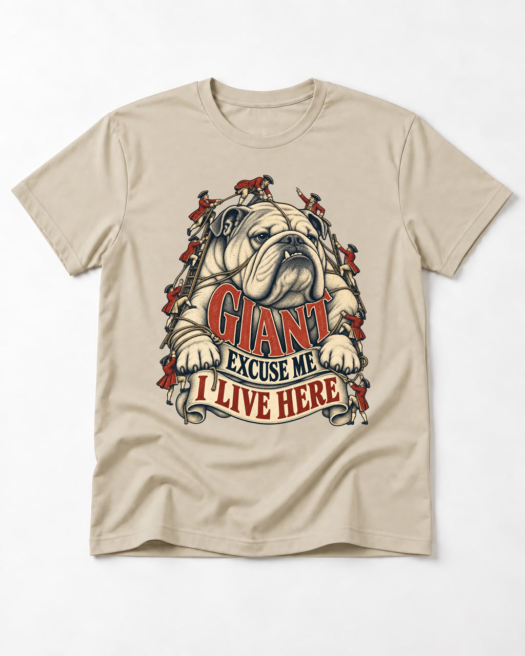 English Bulldog I Live Here T-Shirt in Sand, flat lay product photo