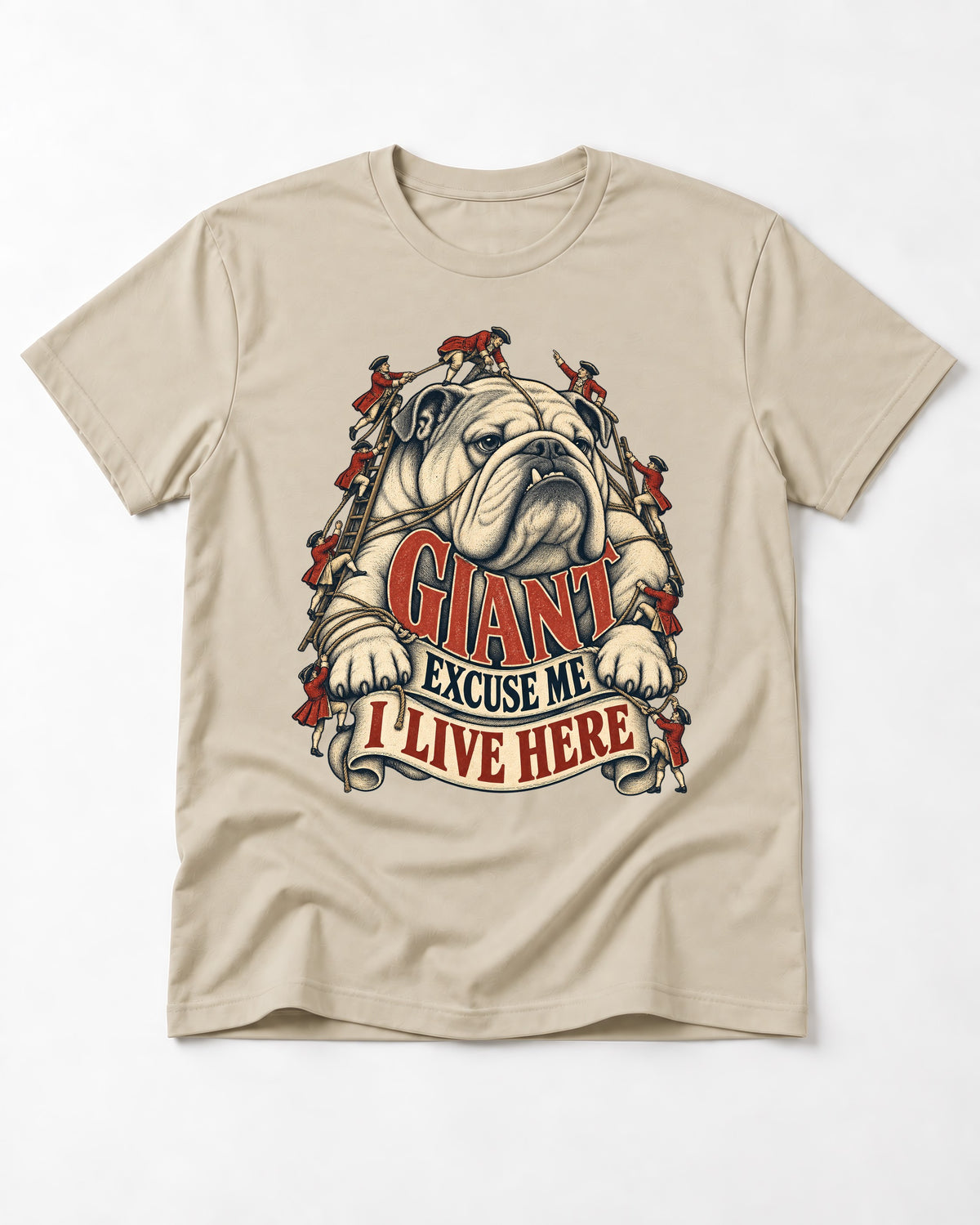 English Bulldog I Live Here T-Shirt in Sand, flat lay product photo
