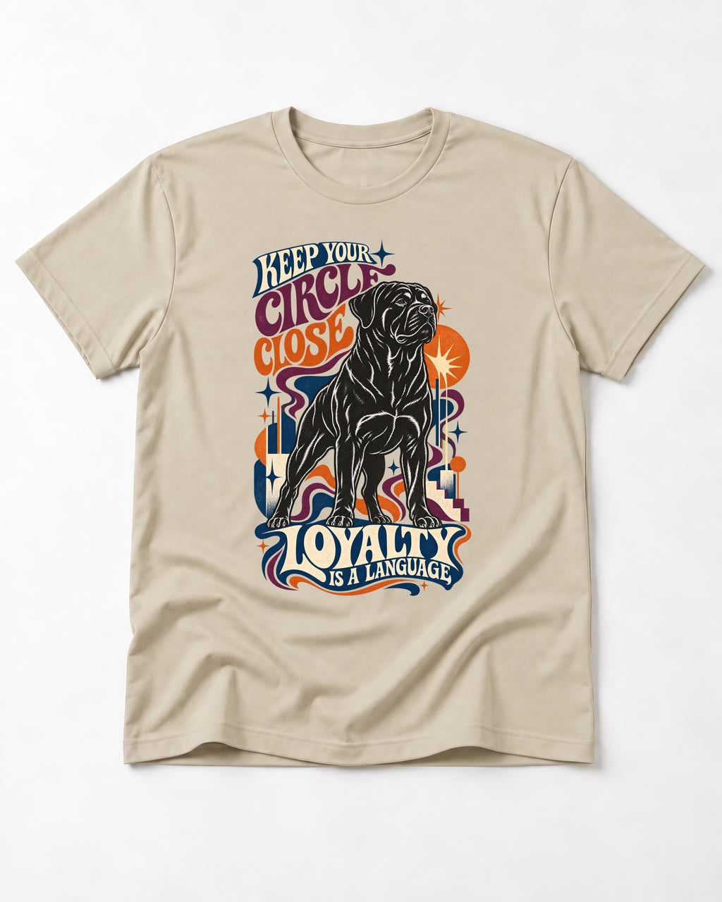 Keep Your Rottweiler Circle Close T-Shirt in Sand, flat lay product photo