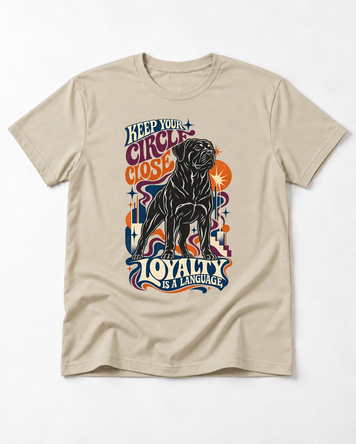 Keep Your Rottweiler Circle Close T-Shirt in Sand, flat lay product photo