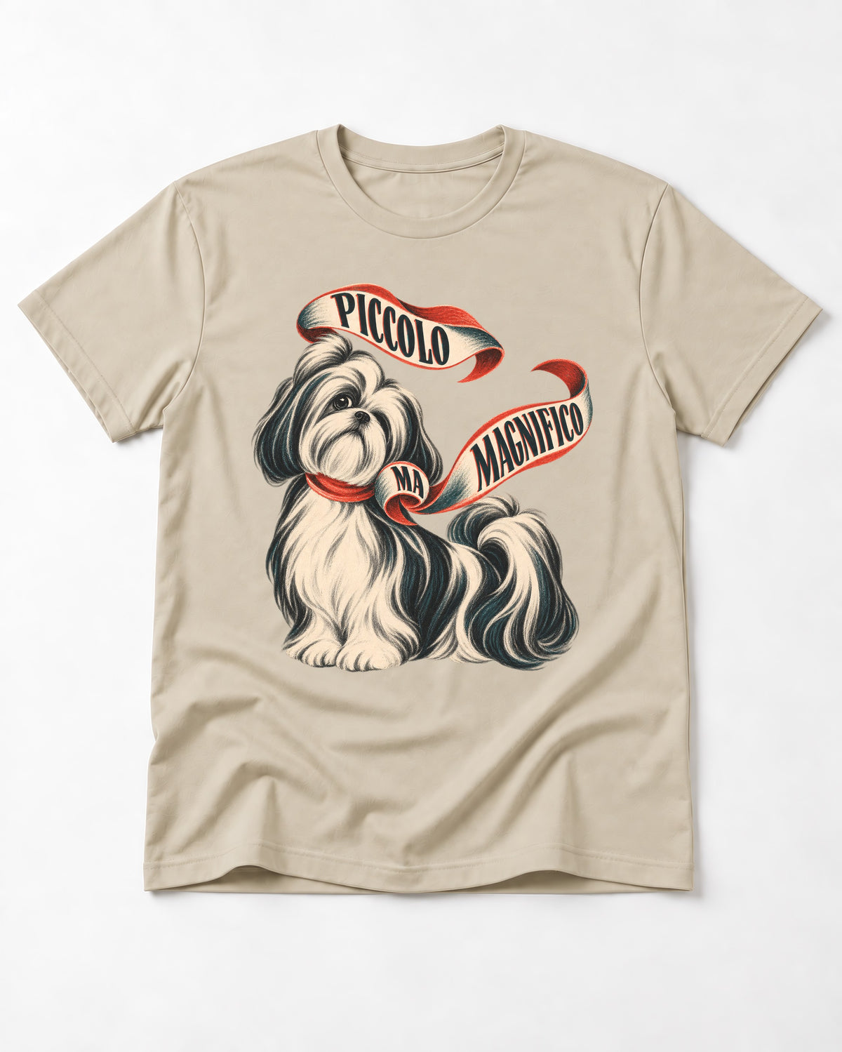 Piccolo Ma Magnifico Shih Tzu T-Shirt in Sand, flat lay product photo