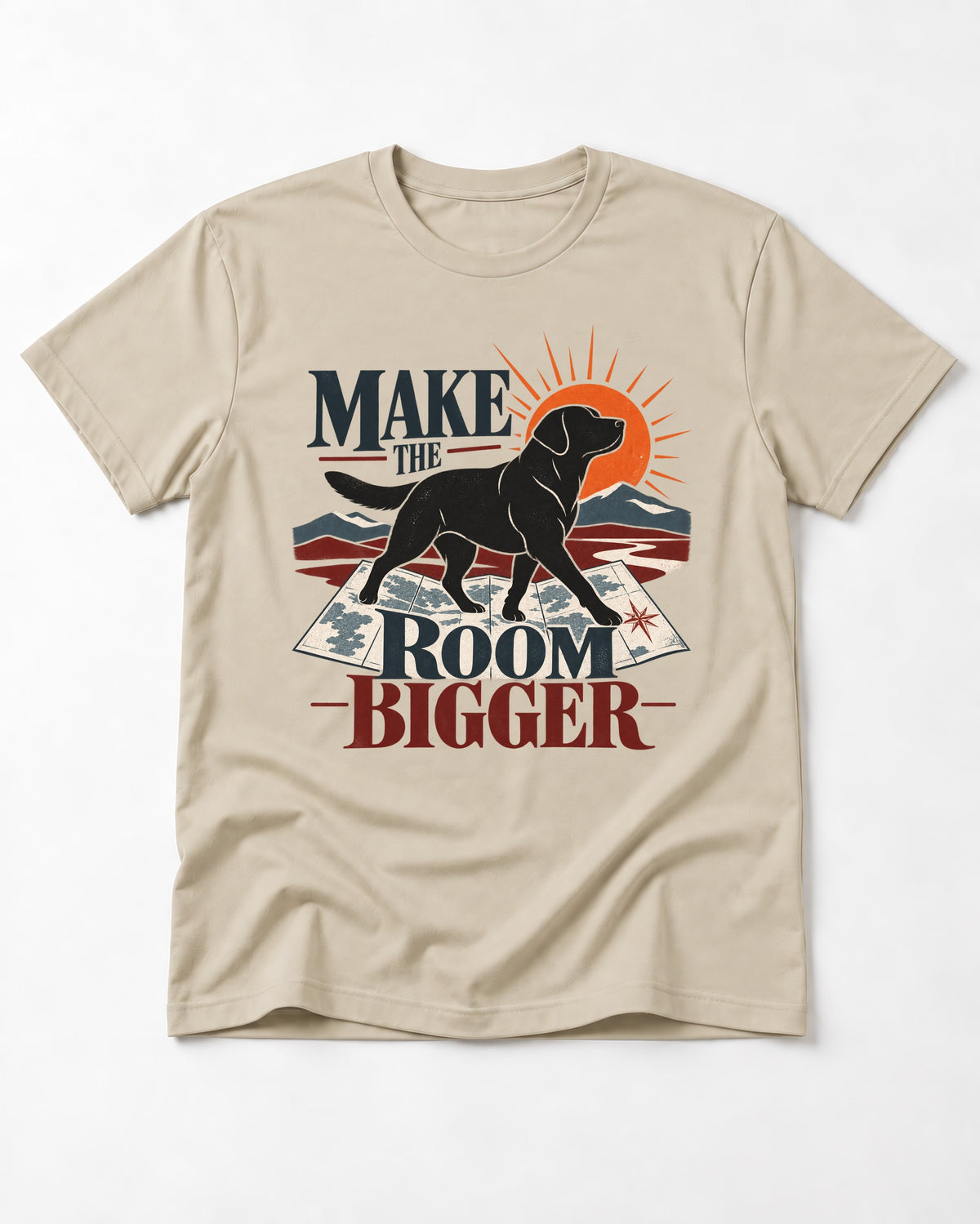Make the Room Bigger Labrador Retriever T-Shirt in Sand, flat lay product photo