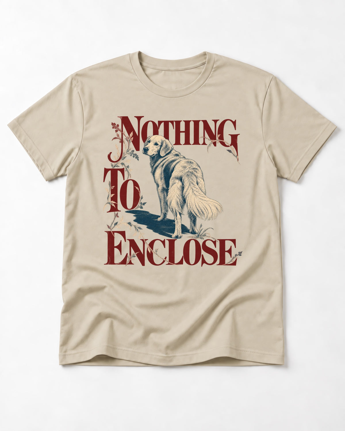 Golden Retriever Nothing to Enclose T-Shirt in Sand, flat lay product photo