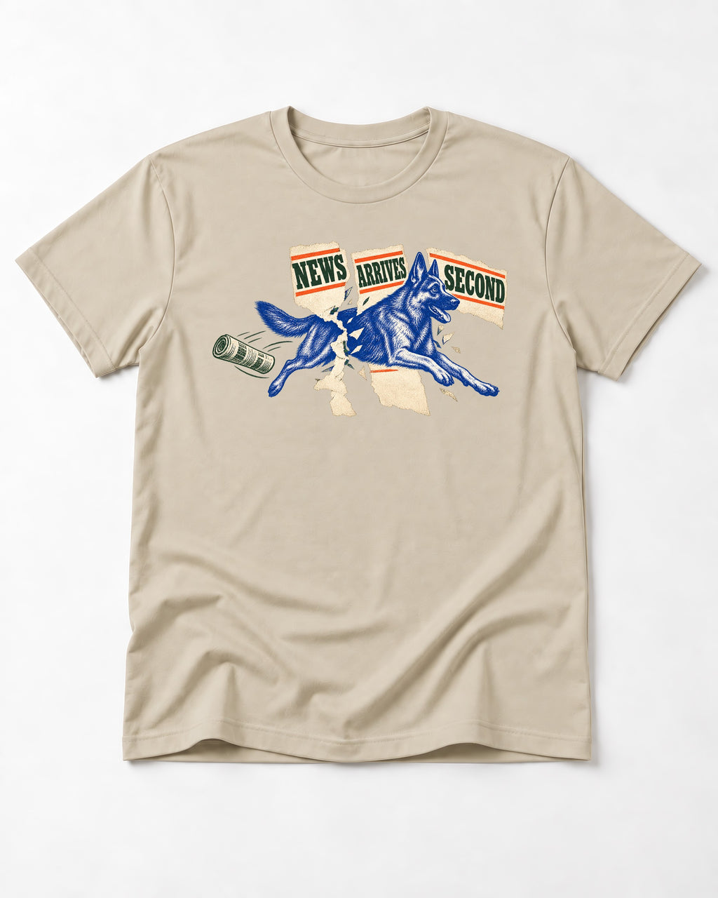 News Arrives Second German Shepherd Dog T-Shirt in Sand, flat lay product photo
