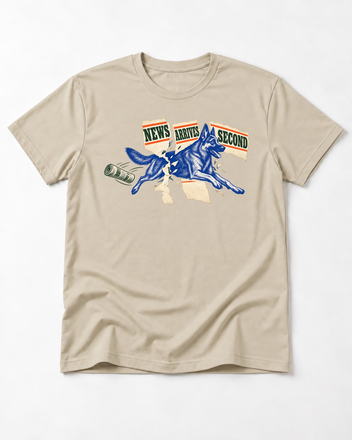 News Arrives Second German Shepherd Dog T-Shirt in Sand, flat lay product photo