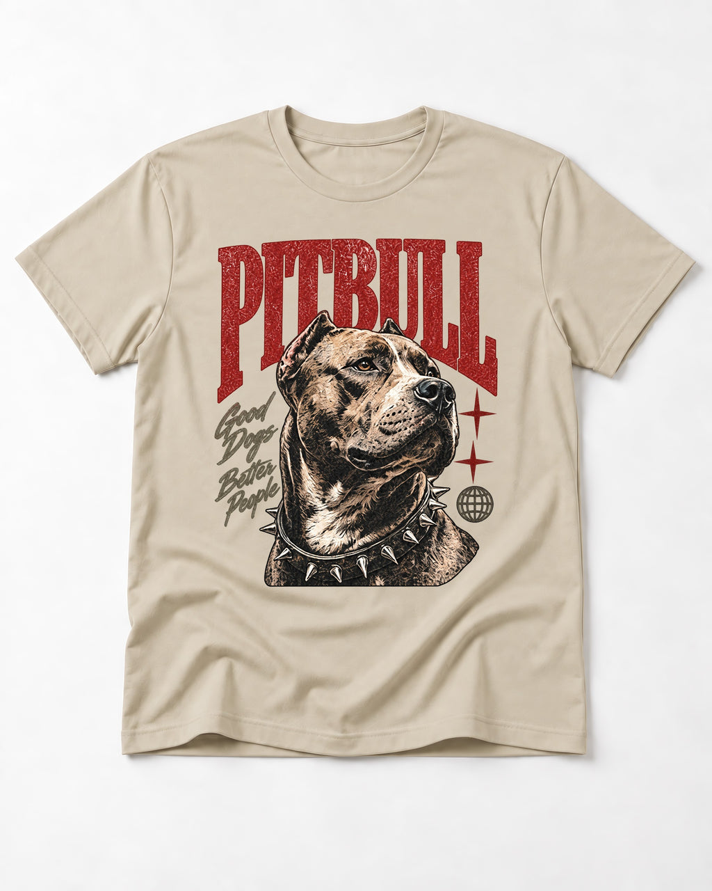 Pitbull Makes Better People T-Shirt in Sand, flat lay product photo