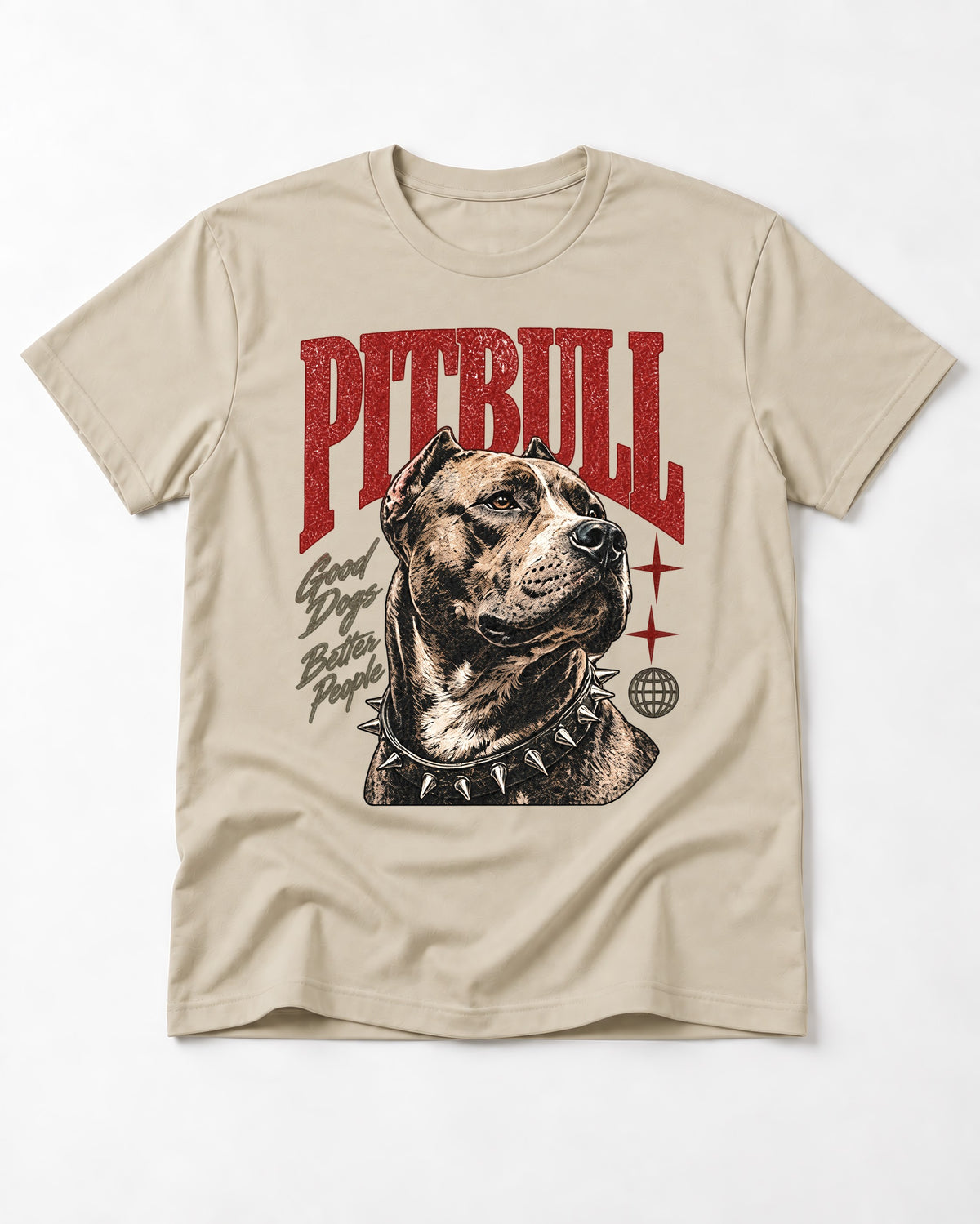 Pitbull Makes Better People T-Shirt in Sand, flat lay product photo