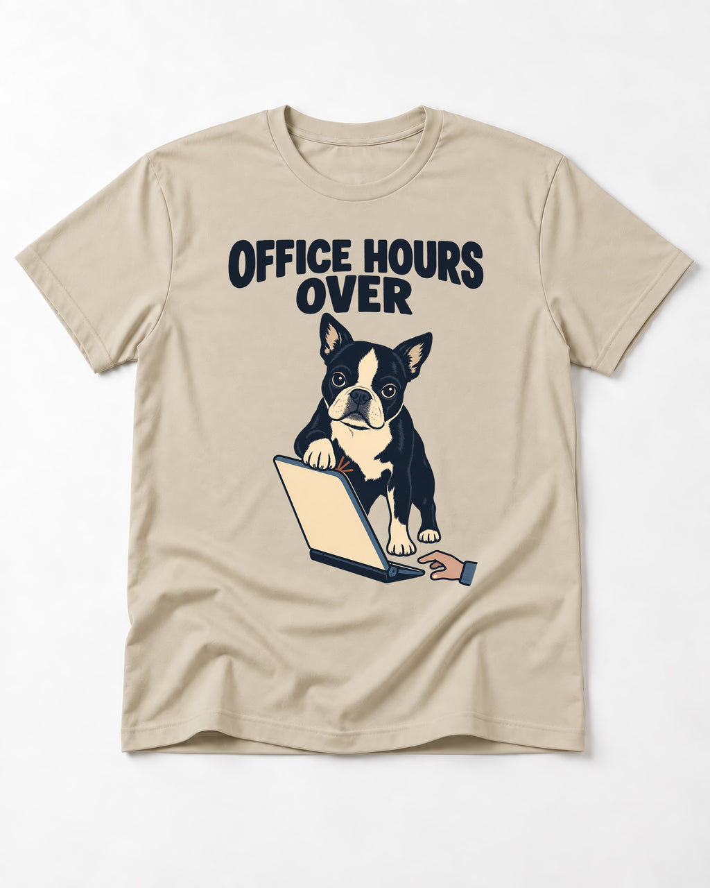 Boston Terrier Office Hours Over T-Shirt in Sand, flat lay product photo