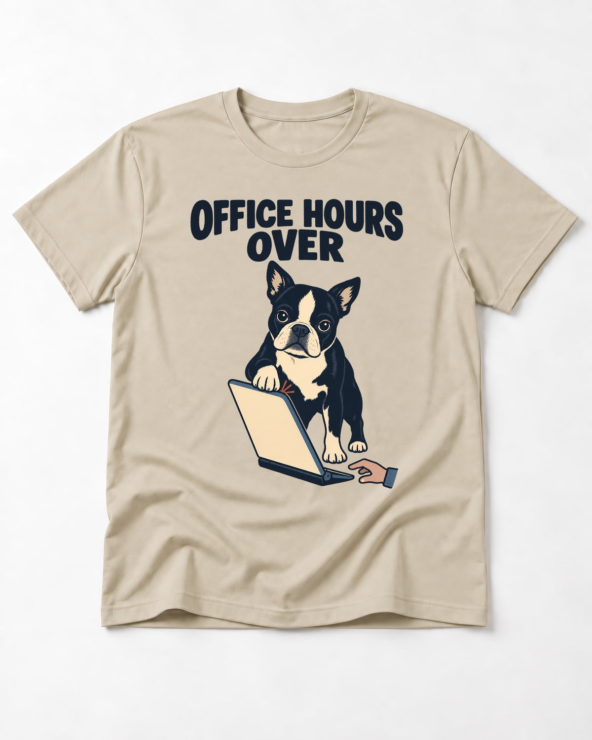 Boston Terrier Office Hours Over T-Shirt in Sand, flat lay product photo
