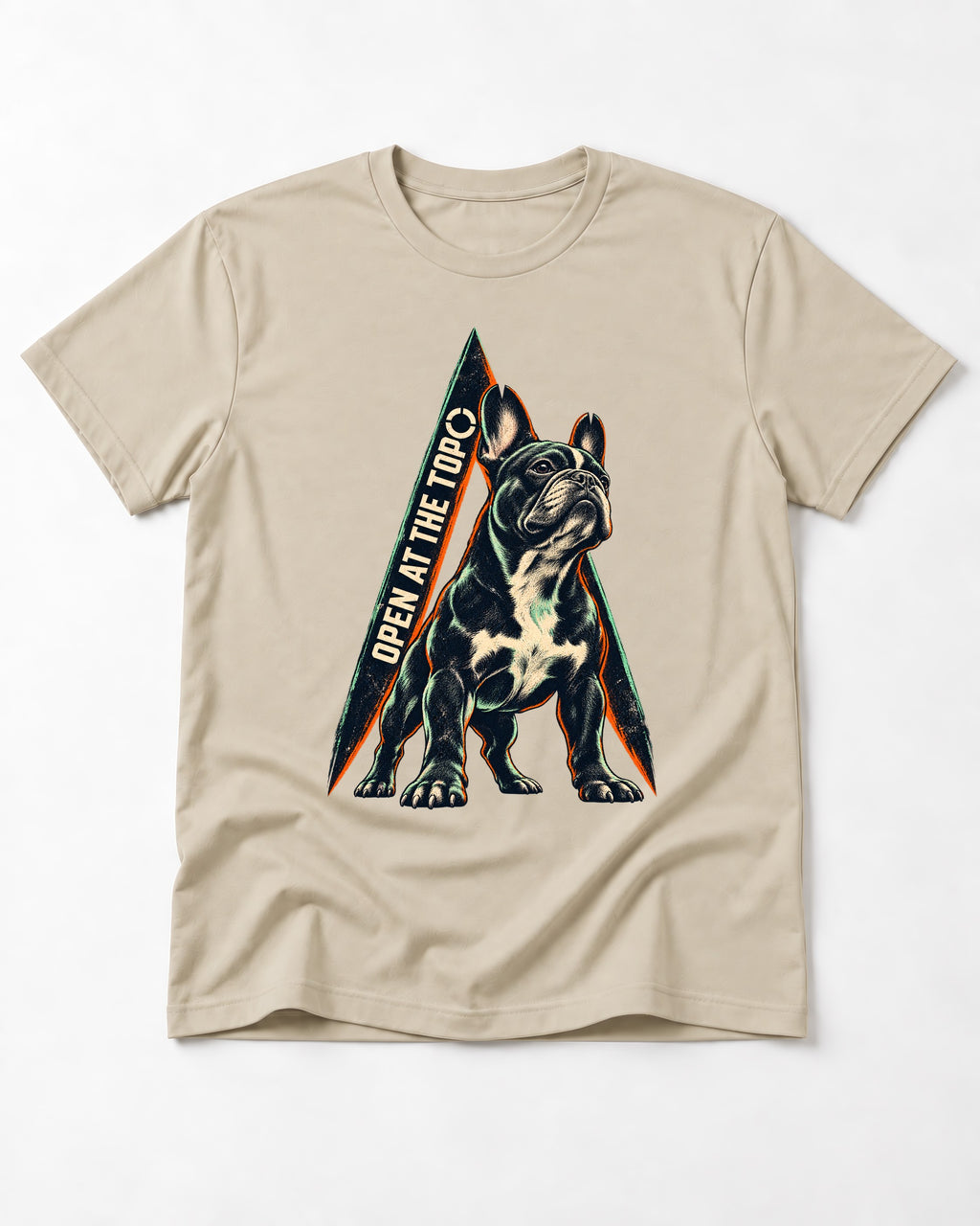 Frenchie Open at the Top T-Shirt in Sand, flat lay product photo