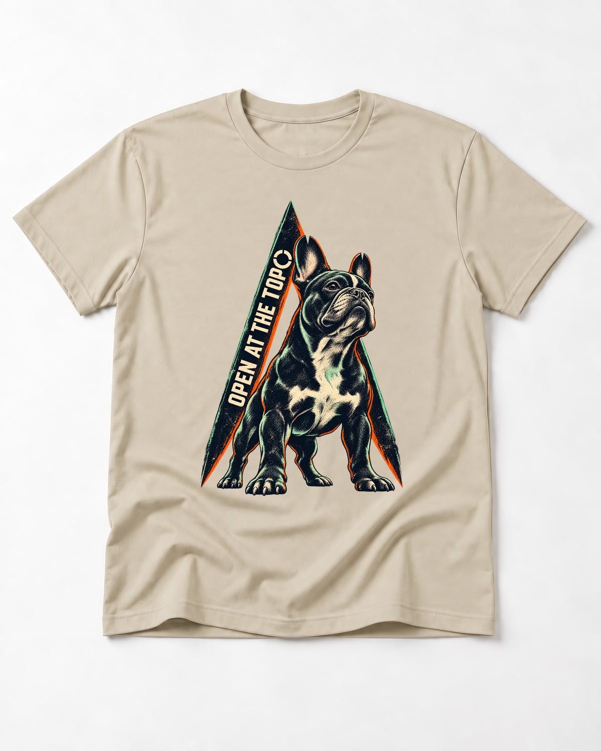 Frenchie Open at the Top T-Shirt in Sand, flat lay product photo