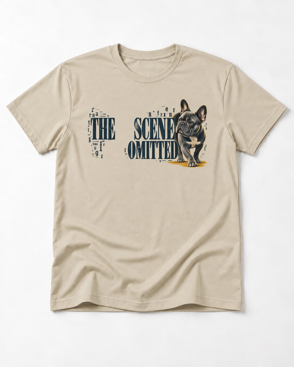 Scene Omitted for Frenchie T-Shirt in Sand, flat lay product photo