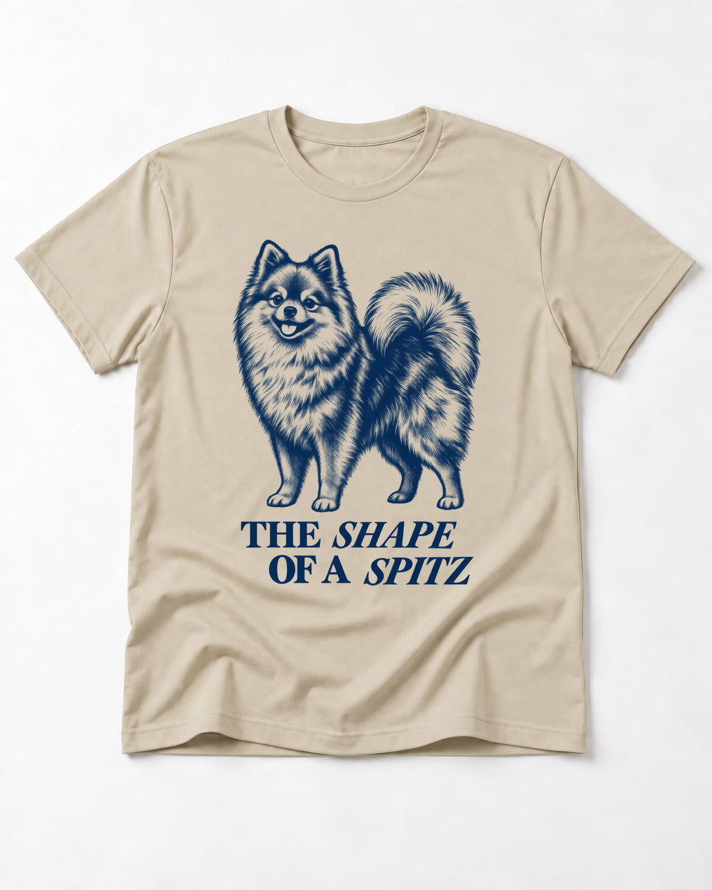 The Shape of a Pomeranian T-Shirt in Sand, flat lay product photo