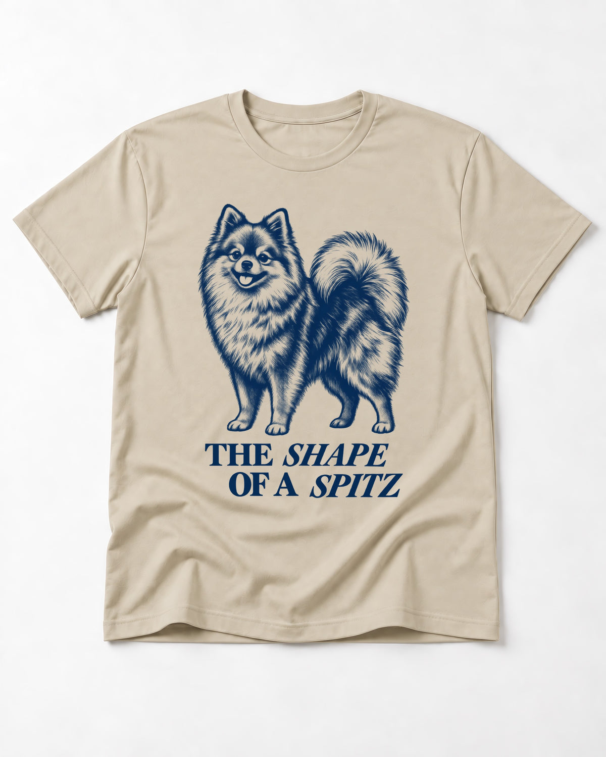 The Shape of a Pomeranian T-Shirt in Sand, flat lay product photo