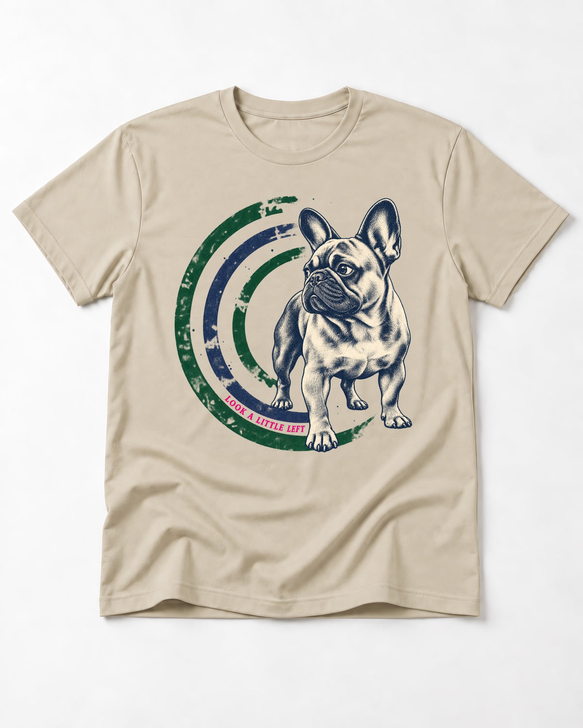 Frenchie Look a Little Left Orbit Graphic T-Shirt in Sand, flat lay product photo