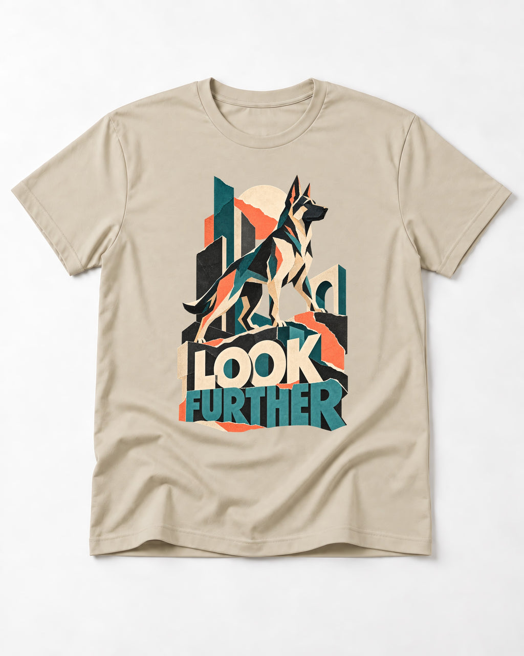 Look Further German Shepherd Dog T-Shirt in Sand, flat lay product photo