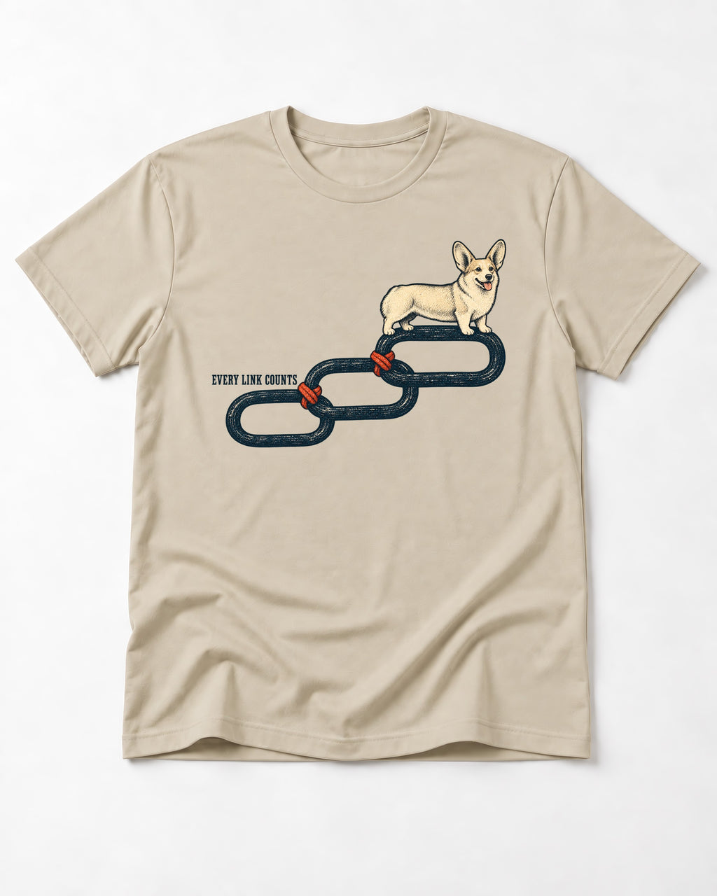 Every Corgi Link Counts T-Shirt in Sand, flat lay product photo