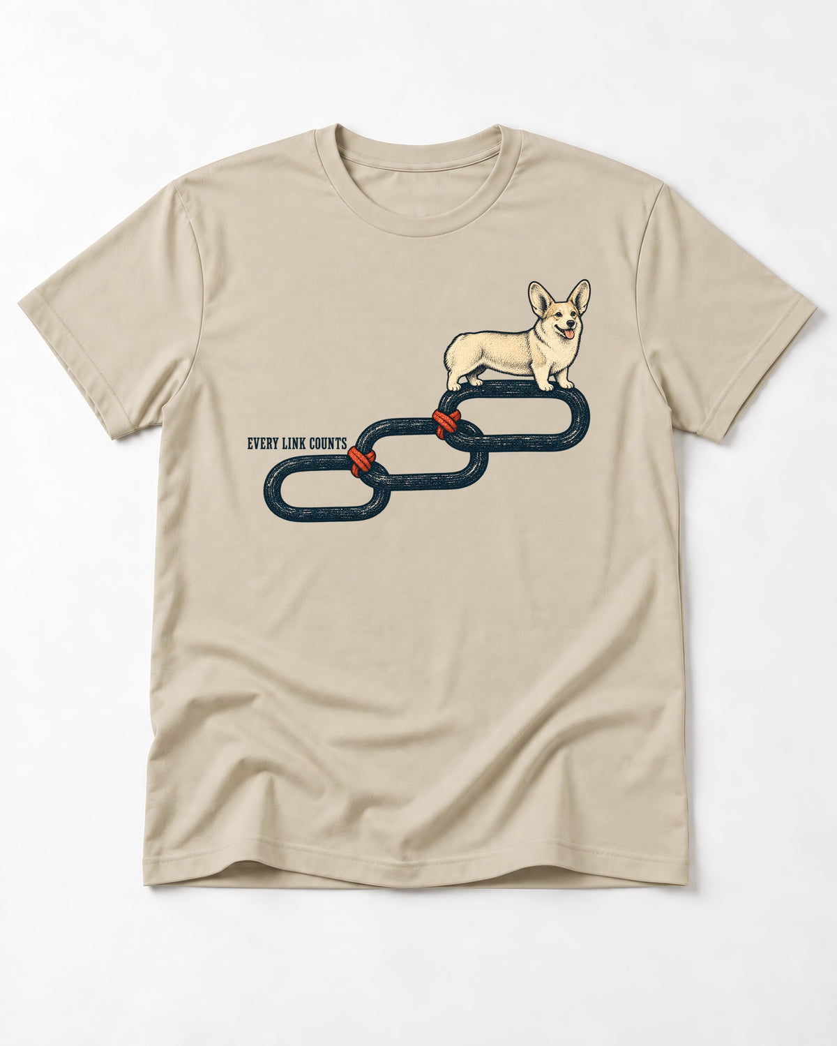 Every Corgi Link Counts T-Shirt in Sand, flat lay product photo