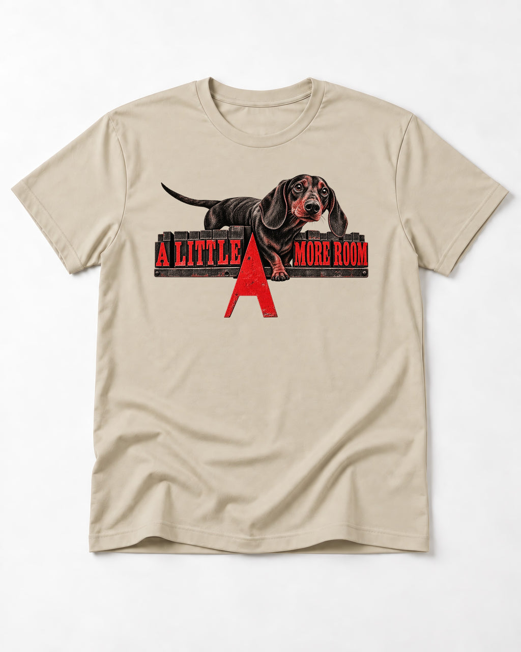 More Room for Dachshund T-Shirt in Sand, flat lay product photo