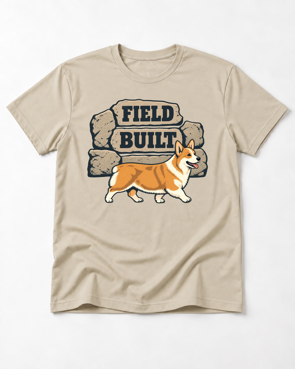 Field Built Corgi T-Shirt in Sand, flat lay product photo